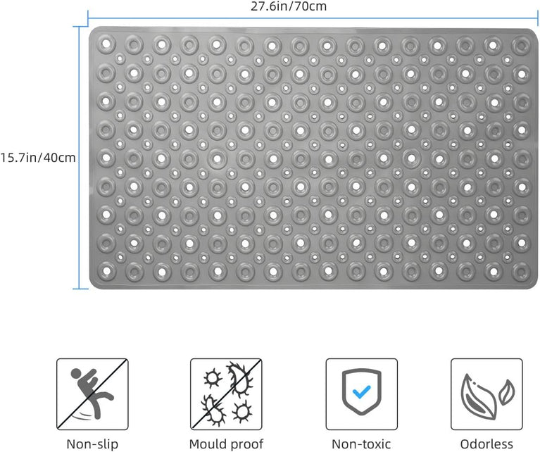 Non Slip Bath Mat with Large Suction Cups and Thickened Rubber Backing, Grey, 70 * 40cm