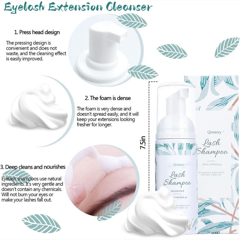 Deluxe Eyelash Care Kit - Eyelash Extension Shampoo, Cleanser, Brushes and Accessories, Gluten & Irritant-Free Formula, Reusable Makeup Remover Pad, 120ml (4.04fl.oz) - For Salon and Home Use