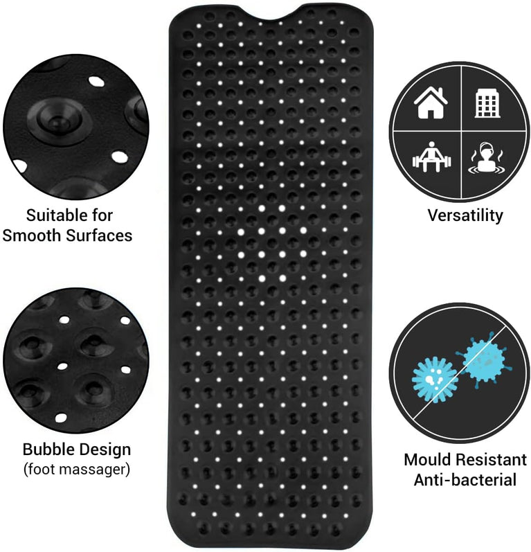ADOV Black Non-Slip Bath Mat with Strong Suction Cups
