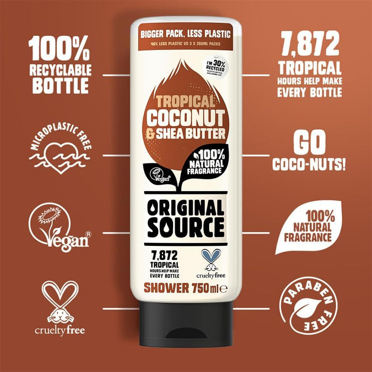 Coconut and Shea Butter Shower Gel with 100% Natural Fragrance - 750ml Bottle