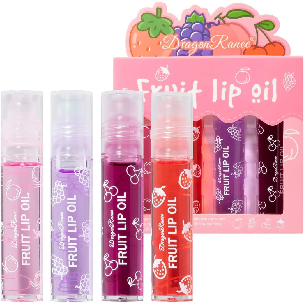 Greoer Deluxe Fruit-Flavored Lip Gloss Kit, 4-Piece Moisturizing Lip Balm Set with Roller Ball Lip Oil and Plumping Jelly Liquid Lipstick - Perfect Gift for Women and Girls