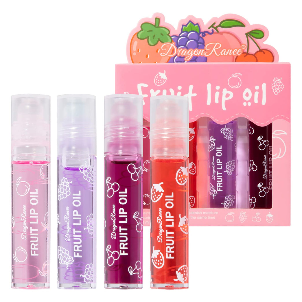 Greoer Deluxe Fruit-Flavored Lip Gloss Kit, 4-Piece Moisturizing Lip Balm Set with Roller Ball Lip Oil and Plumping Jelly Liquid Lipstick - Perfect Gift for Women and Girls