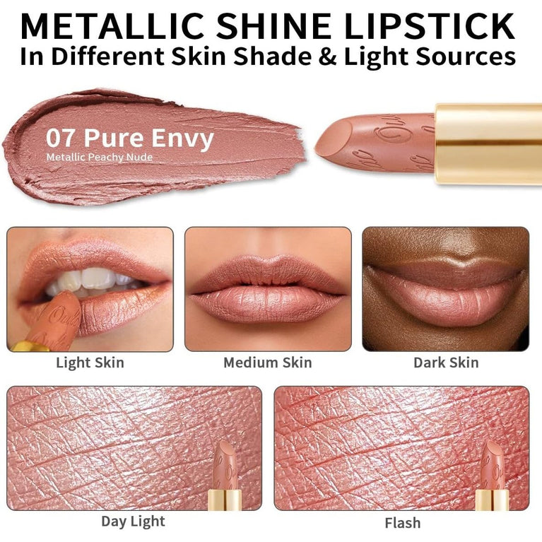 OULAC 3D Metallic Shine Glitter Lipstick, Nude High-Intensity Lipcolor, Brown Moisturizing & Long-Lasting, Vegan & Cruelty-Free, Full-Coverage Lip Envy(07) 4.3 g/0.15 oz