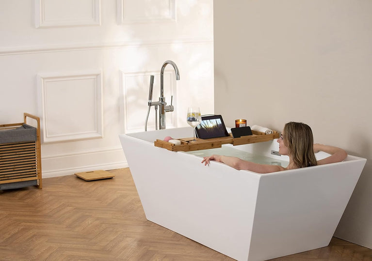 Expandable Bamboo Bath Caddy with Book & Tablet Stand and Wine Glass/Candle Holder