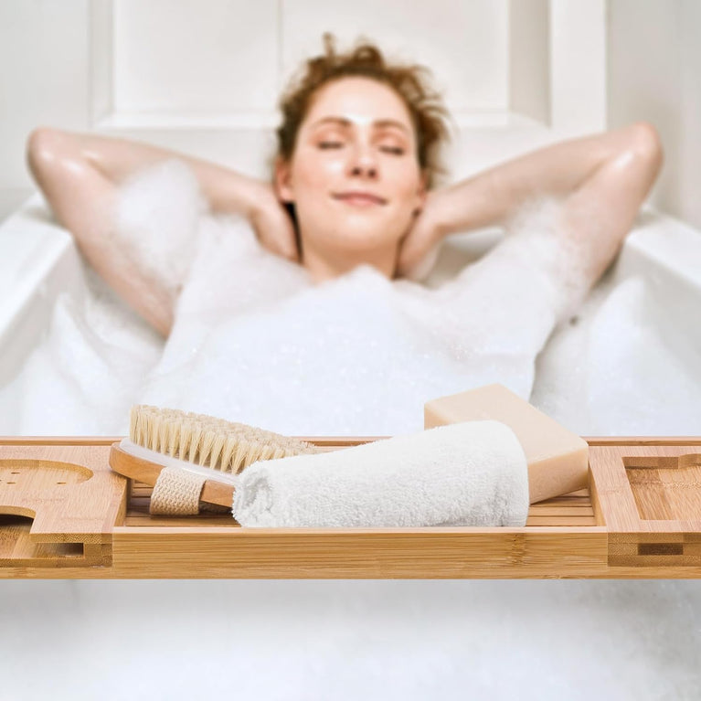 Luxury Bamboo Bath Caddy with Secure Slots for iPad, Kindle, Towel, and Wine Glass Holder