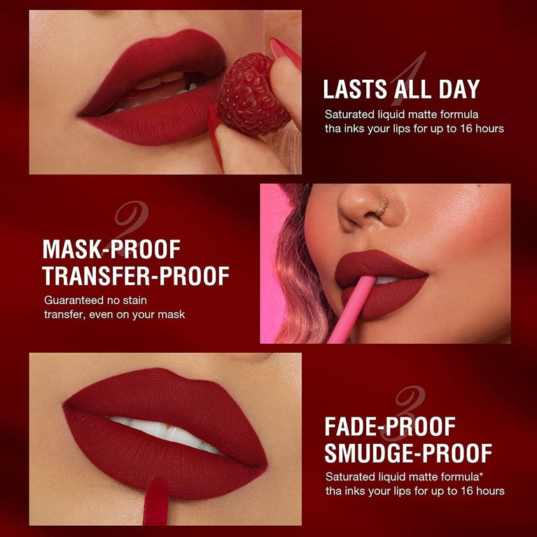 24-Hour Stay On Matte Liquid Lipstick and Lip Liner Set - Waterproof, Non-Fade, Non-Stick Cup, Velvety Nude, Pack of 6 (Set C)- Perfect Makeup Gift Set