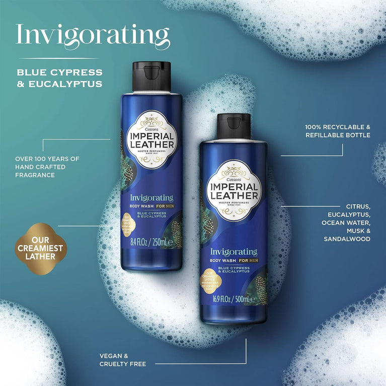 Imperial Leather Invigorating Shower Gel with Blue Cypress & Eucalyptus, Creamy Lather, Pack of 4 x 500ml
