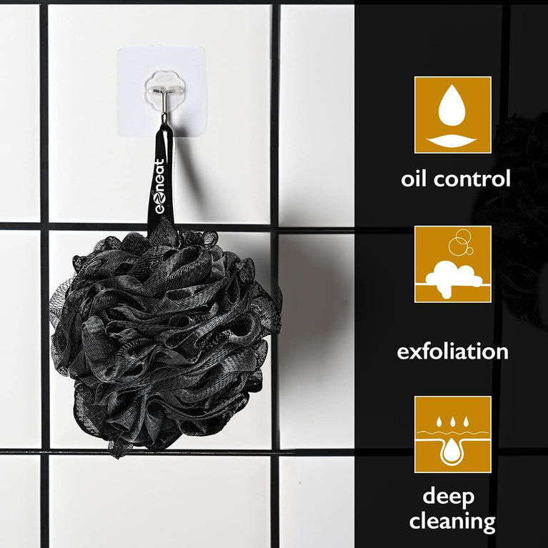 Exfoliating Loofah Shower Puff 3Pcs - Premium Bamboo Charcoal Bath Sponges for Skin Cleansing and Scrubbing - Black