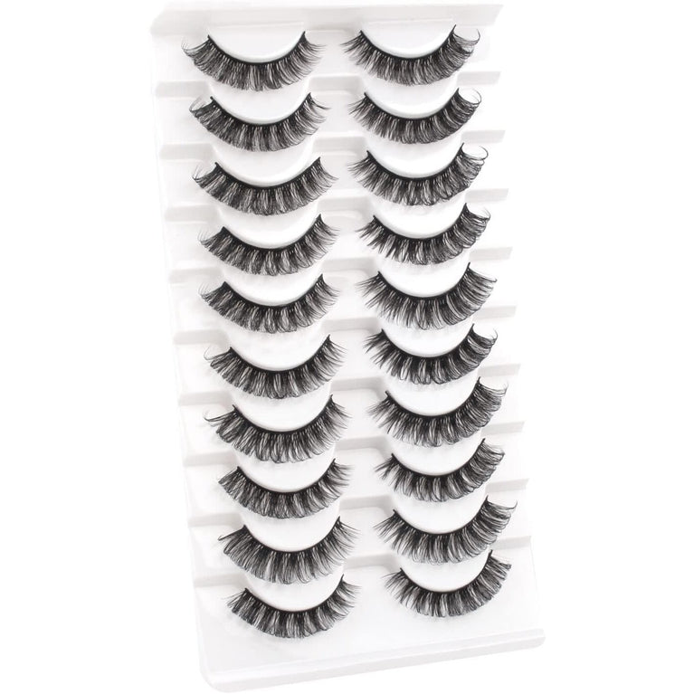 Glowingwin Russian Strip Faux Eyelashes, Natural Look 3D Volume, D Curl, Handmade, Fluffy, Reusable, Dramatic 10 Pairs False Lashes Pack - Ideal for Daily Wear & Special Occasions