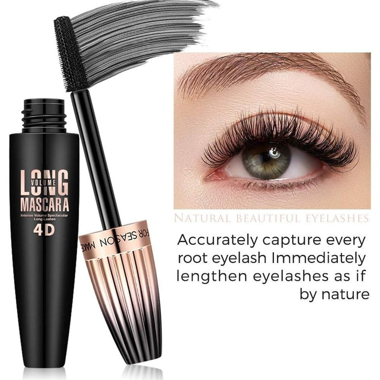Voluminous 4D Silk Fiber Mascara - Waterproof, Longer & Thicker Lashes, Hypoallergenic, Easy Application & Removal, Smudge-Proof & Long-Lasting (Black)