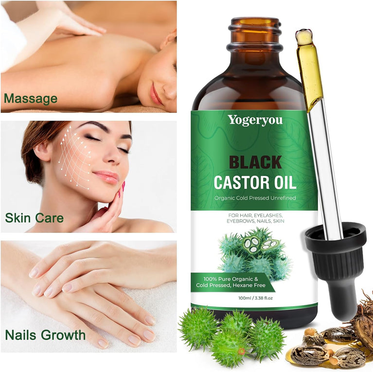 YogerYou Pure Organic Jamaican Black Castor Oil - Cold Pressed, Hexane-free Hair, Skin, Face, Nail & Eyelash Growth Booster in Unrefined Glass Bottle, Comes with Applicator for Thicker Brows & Lashes
