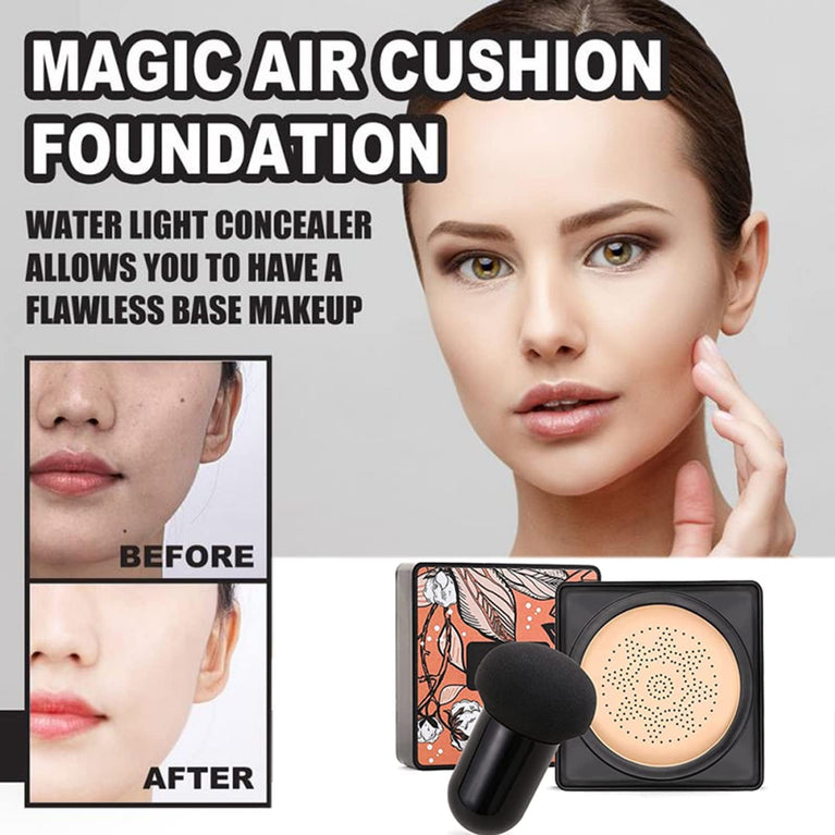 Plant-Based Air Cushion CC Cream with Concealing Effect, Long-Lasting Moisture Control BB Cream and Inclusive Mushroom Makeup Sponge