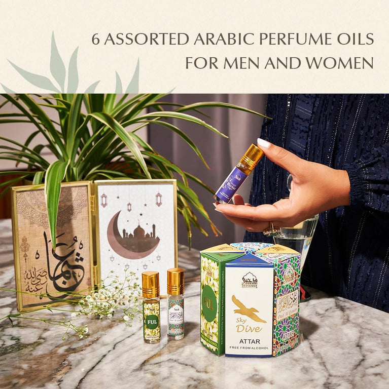 Assorted Arabian Attar Oil Sampler Set by Dukhni | 6 Unique Scents x 6ml Bottles | Men and Women's Perfume Oils | Halal & Vegan Islamic Fragrances