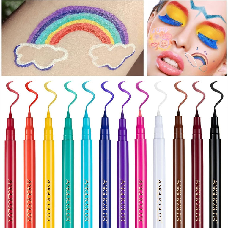 Anglicolor Rainbow Matte Eyeliner Set, 12 Vibrant Colors, Waterproof, Smudge-Proof, Long Lasting, Intensely Pigmented Eyeliner Pens for Special Occasions and Daily Wear