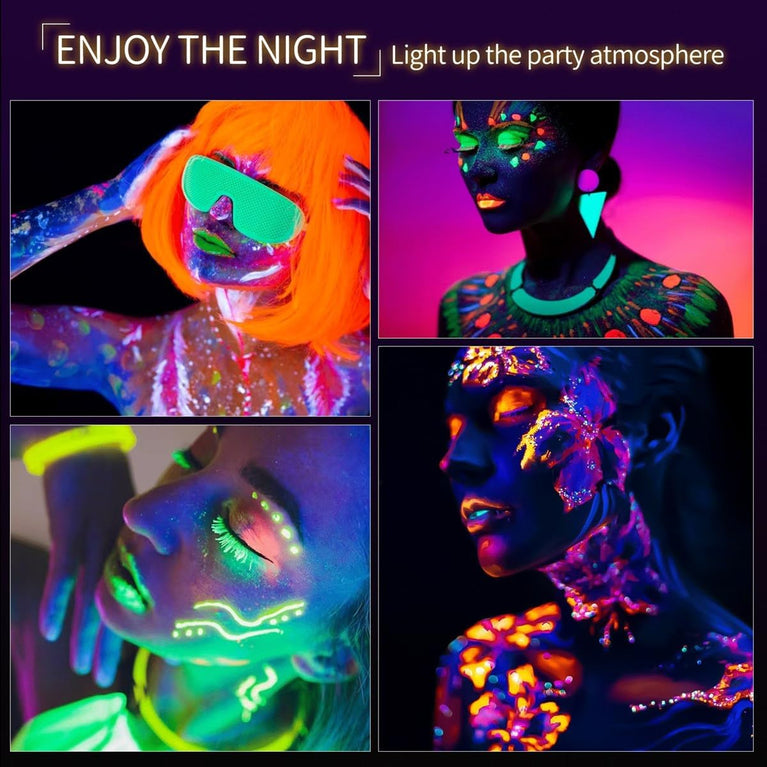 12-Pack UV Reactive Neon Face and Body Paint Crayons with Stencils and Brushes for Glow Parties, Halloween, and Discos