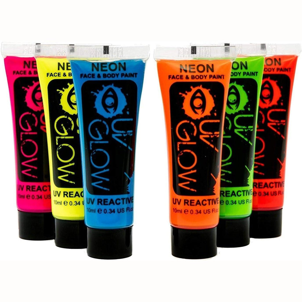 Bright UV Responsive Neon Face and Body Paint - Set of 6 Fluorescent Tubes for Glowing Fun!