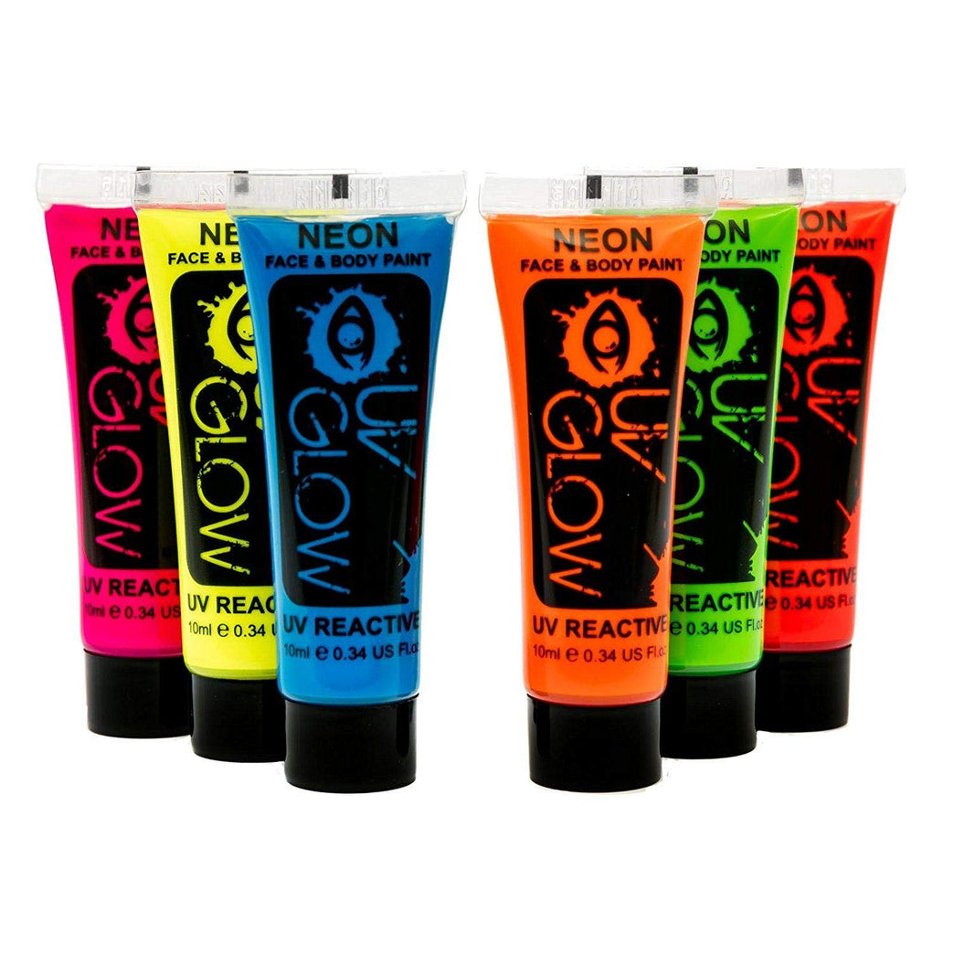 Bright UV Responsive Neon Face and Body Paint - Set of 6 Fluorescent Tubes for Glowing Fun!