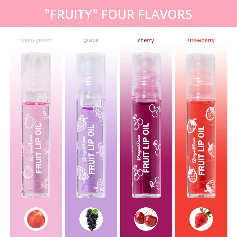 Greoer Deluxe Fruit-Flavored Lip Gloss Kit, 4-Piece Moisturizing Lip Balm Set with Roller Ball Lip Oil and Plumping Jelly Liquid Lipstick - Perfect Gift for Women and Girls