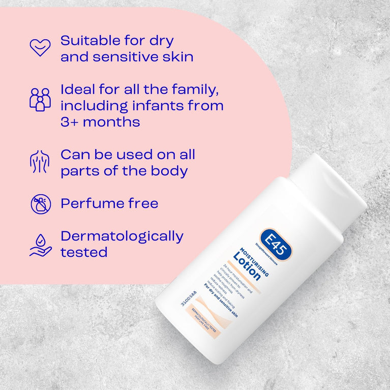 E45 Dermatological Moisturising Lotion - Soothing and Hydrating Daily Moisturiser for Dry and Sensitive Skin
