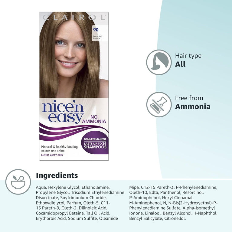 Clairol Nice'n Easy No Ammonia Hair Dye, 90 Dark Ash Blonde