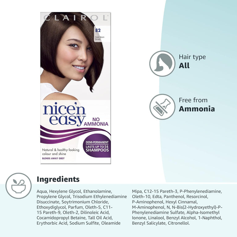 Clairol Nice'n Easy No Ammonia Hair Dye, 82 Dark Warm Brown