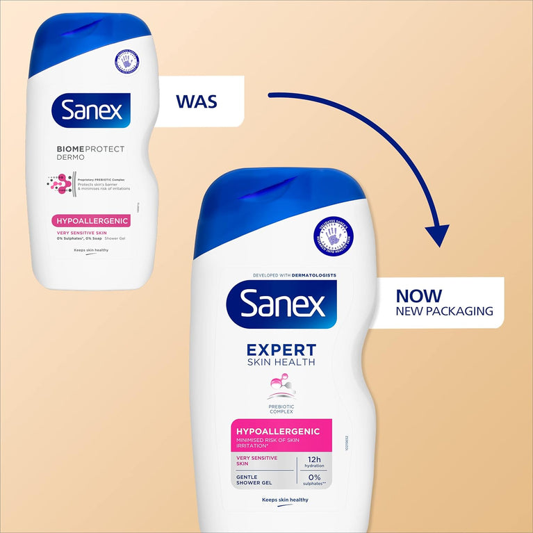 Sanex Expert Skin Health Hypoallergenic Shower Gel - for Very Sensitive Skin 450ml, 12 Hour Hydration
