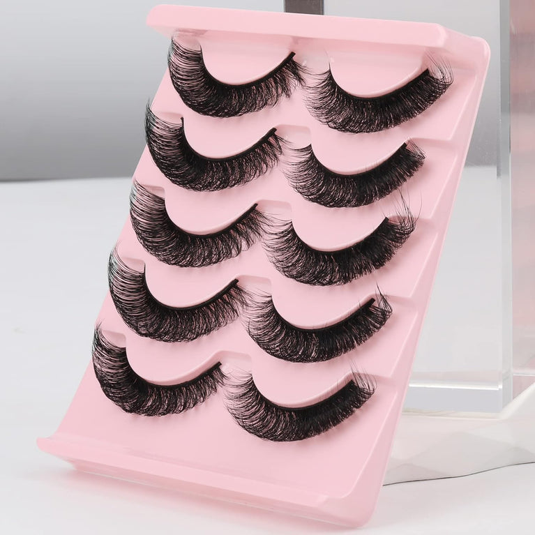 Newcally Plant Fiber Strip Lashes - Russian Style, Natural Wispy & Fluffy 3D False Eyelashes, Thick D-Curl Faux Mink Lashes, Cat Eye Effect, Pack of 5 Pairs