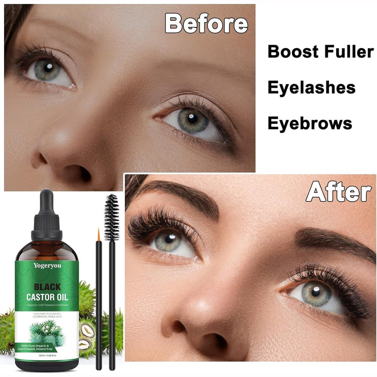 YogerYou Pure Organic Jamaican Black Castor Oil - Cold Pressed, Hexane-free Hair, Skin, Face, Nail & Eyelash Growth Booster in Unrefined Glass Bottle, Comes with Applicator for Thicker Brows & Lashes