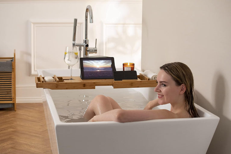 Expandable Bamboo Bath Caddy with Book & Tablet Stand and Wine Glass/Candle Holder