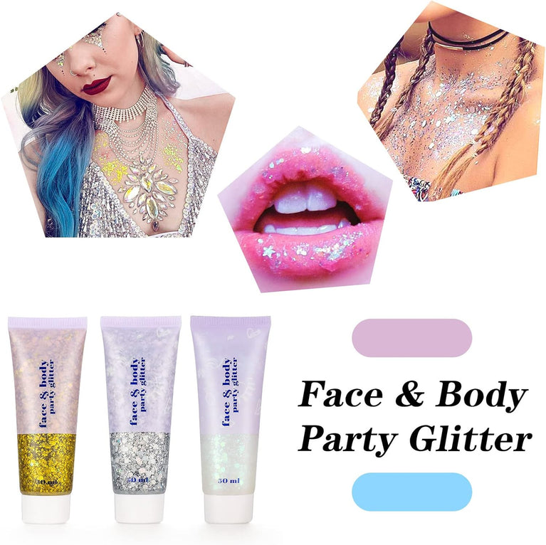 Dacitiery Trio Body Glitter Gel Set, 50ml Holographic Mermaid Sequins for Face, Body, Eye, Hair, Nail DIY Art - Sparkling Liquid Eyeshadow for Festival Parties and Makeup Decoration