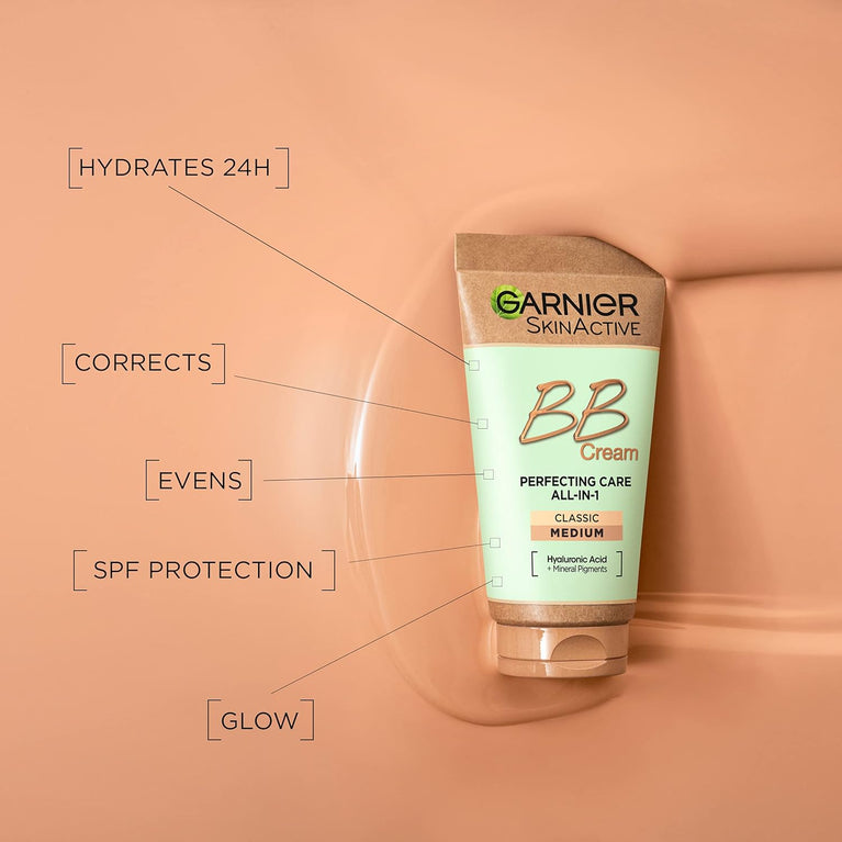 Garnier All-in-One Skin Perfecting BB Cream with SPF 15, Hydrating Aloe and Hyaluronic Acid, Classic Medium Shade, Mineral Pigments for Brightening, Suitable for All Skin Types, 50 ml