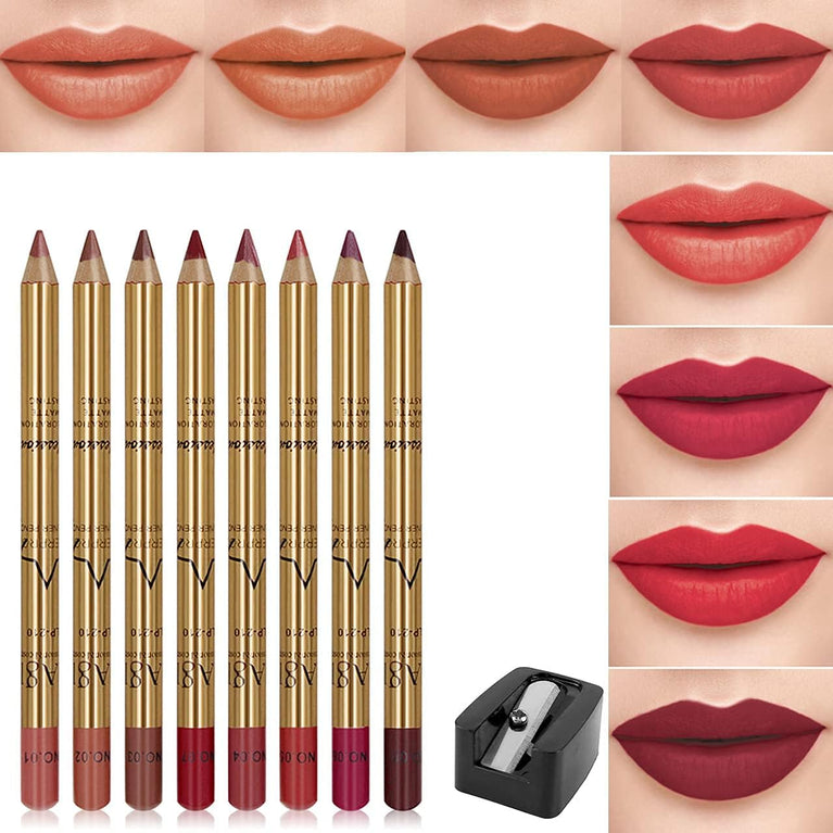CCbeauty Matte Lip Liner Pencil Set - 8 Vibrant Colors with Sharpener, Waterproof, Long-Lasting and Non-Sticky Lipstick Liner