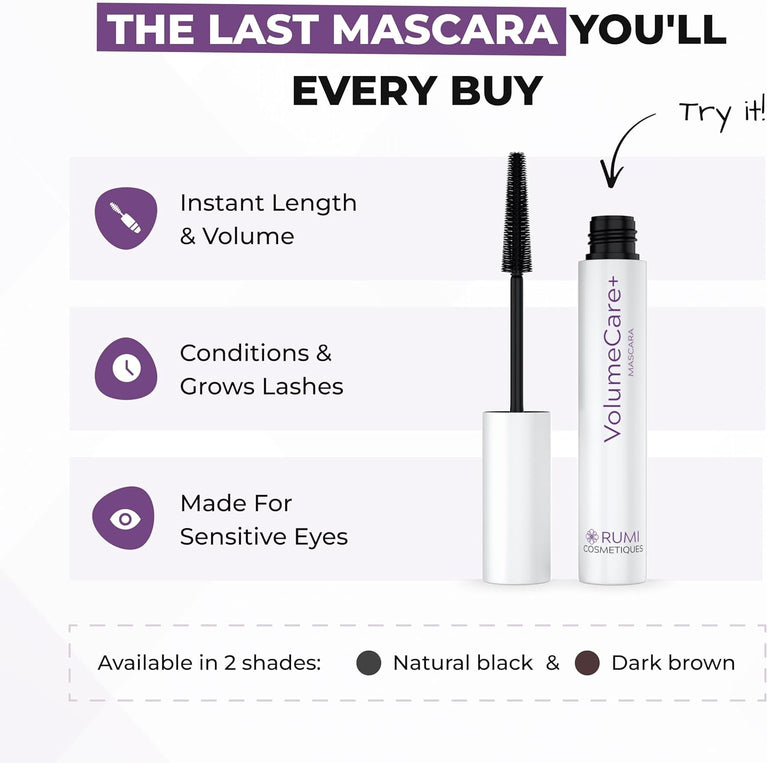 Rumi Cosmetiques SuperiorLength+ Mascara for Mature Women - Dual Action for Intense Length & Volume - Clump-Free with Longevity - Ideal for Sensitive Eyes (Authentic Black)