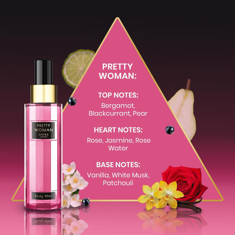 AOURA LONDON Trio Womens Body Mist Gift Set with Fragrance Sprays in Midnight Passion, Love Rush, & Pretty Woman - 3x60ml