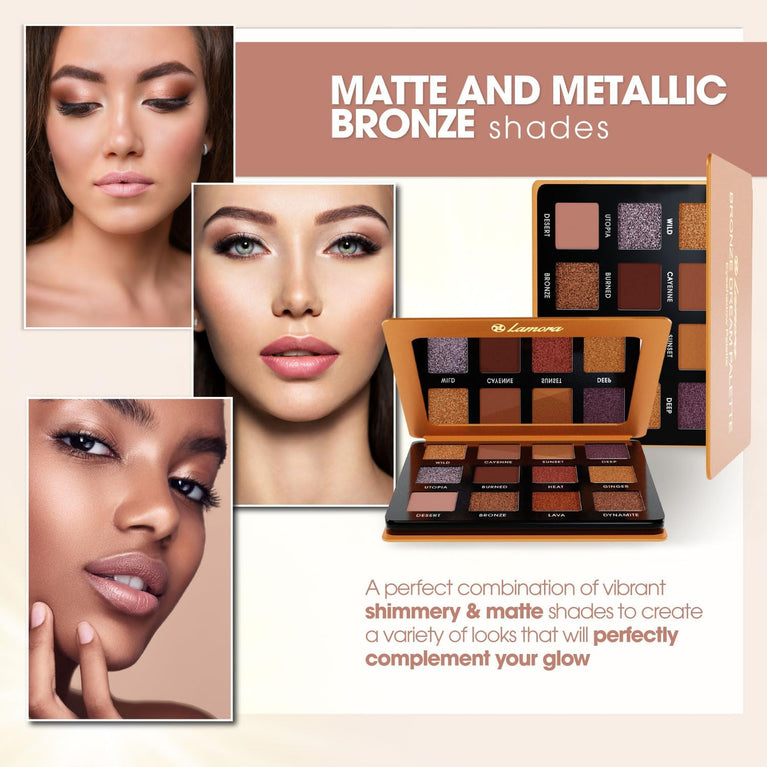 Lamora 12-Shade Bronze Eyeshadow Palette - Versatile, Highly Pigmented Shimmer and Matte Shades - Compact Travel-Friendly Design with Mirror - Vegan & Cruelty Free Makeup