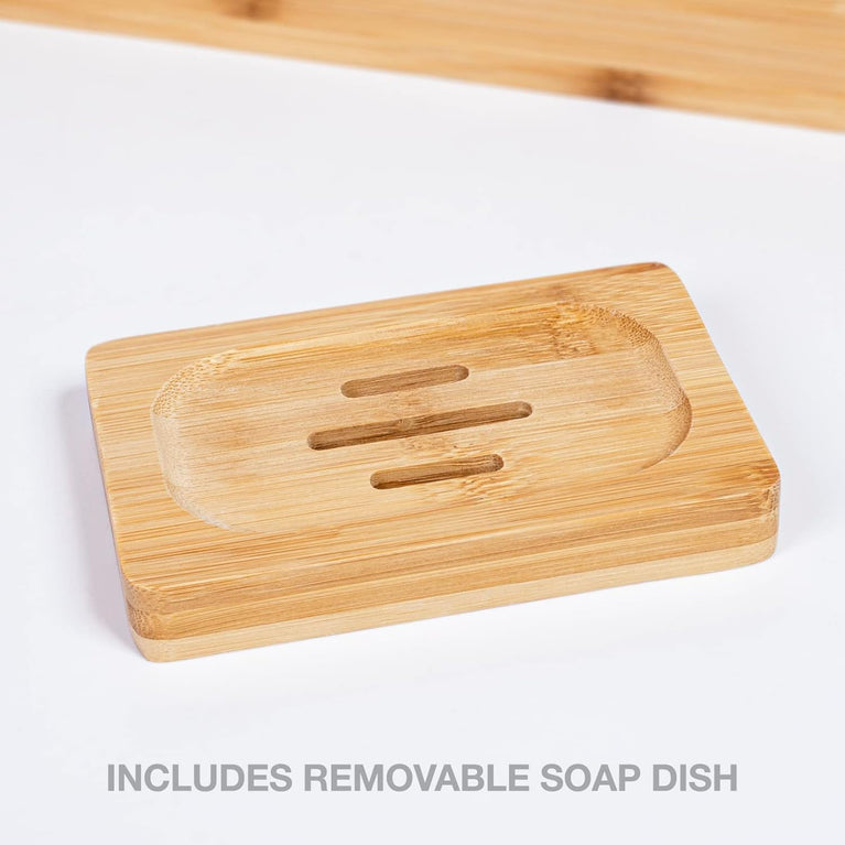 Extendable Bamboo Bath Caddy Tray for Bathtub with Phone and Tablet Slots, Candle Holder, and Soap Organizer