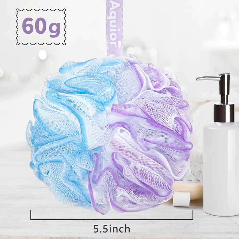 Aquior Bath Sponge Shower Loofahs Balls 60g/PCS Extra Large Mesh Pouf Easy Foaming Body Scrubber Exfoliator for Big Full Lather Cleanse(4 Pack)