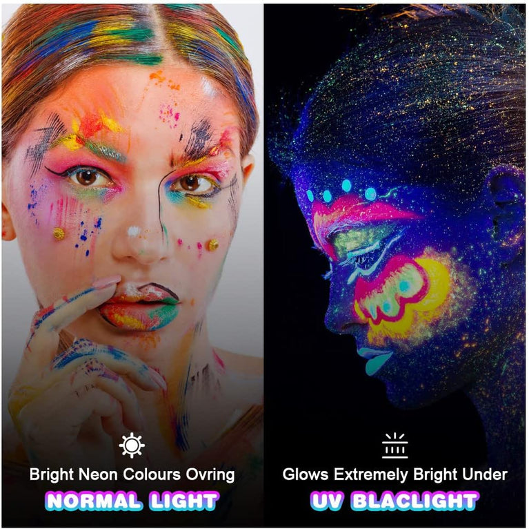 AOOWU Fluorescent Neon Face Paint Crayons Set, 6 Dazzling Colors, Easy-to-Use, Non-Toxic, Safe for Kids & Adults, Perfect for Halloween, Cosplay, Parties - Experience the Brightest Glow under UV Light!