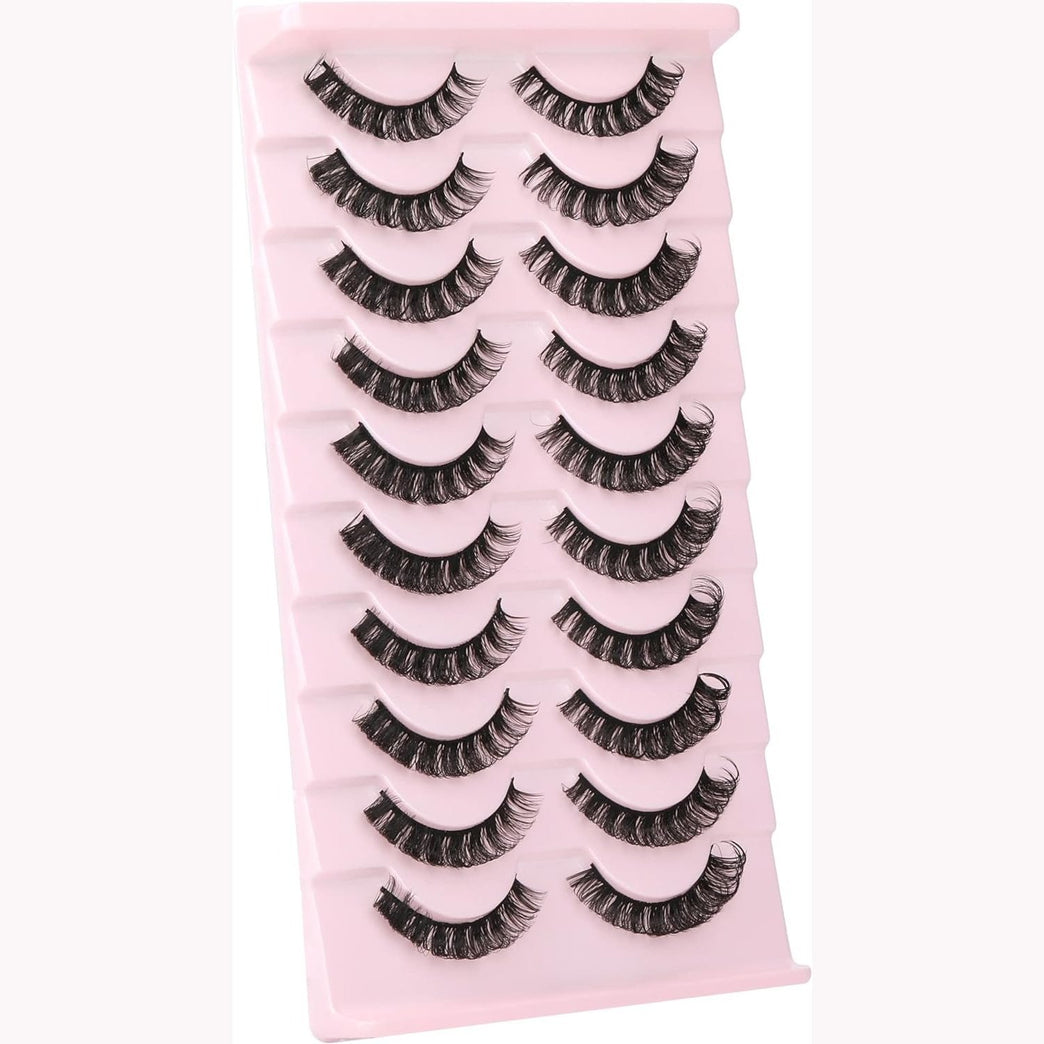 Wiwoseo Russian Strip D-Curly Eyelashes - Natural, Wispy, Fluffy 3D Hybrid Faux Eyelashes, 10 Pair Pack - Mimics Extensions, Handmade with 100% Cruelty-Free Mink, Cotton Band for Comfortable Wear