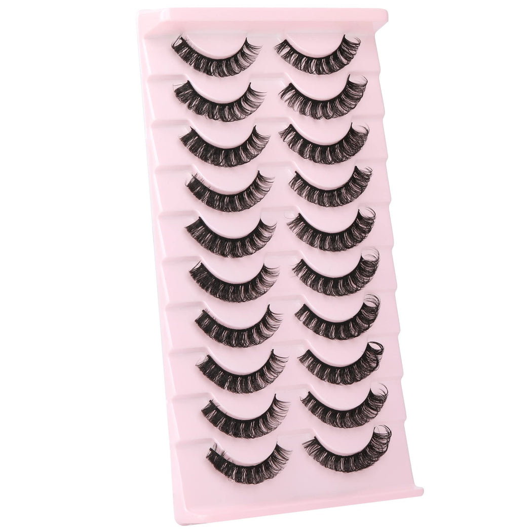 Wiwoseo Russian Strip D-Curly Eyelashes - Natural, Wispy, Fluffy 3D Hybrid Faux Eyelashes, 10 Pair Pack - Mimics Extensions, Handmade with 100% Cruelty-Free Mink, Cotton Band for Comfortable Wear
