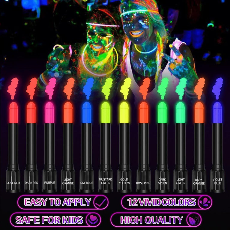 12-Pack UV Reactive Neon Face and Body Paint Crayons with Stencils and Brushes for Glow Parties, Halloween, and Discos