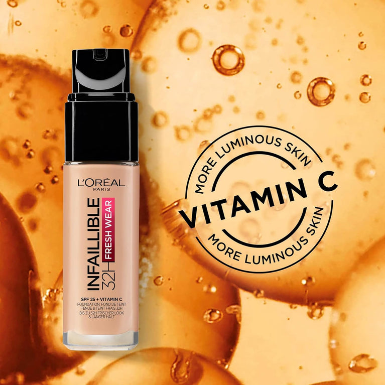 L'Oréal Paris Infallible 32H Fresh Wear Foundation in 20 Ivory - Full Coverage, Long-lasting, Waterproof, SPF 25, Enriched with Vitamin C for Flawless Finish