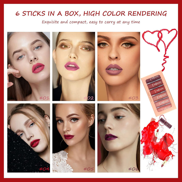 Matte Finish Lipstick Set - Waterproof, Intense Pigment, Long-Lasting Lip Makeup Kit (6 Colors) - Ideal Gift for Women for All Occasions