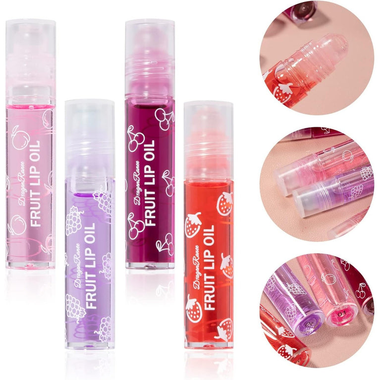 Greoer Deluxe Fruit-Flavored Lip Gloss Kit, 4-Piece Moisturizing Lip Balm Set with Roller Ball Lip Oil and Plumping Jelly Liquid Lipstick - Perfect Gift for Women and Girls