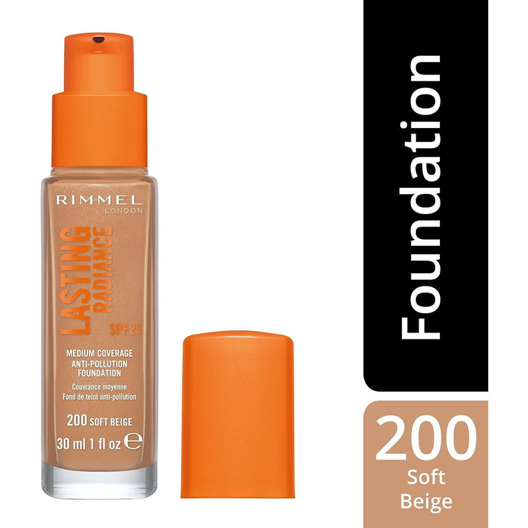 Rimmel Lasting Radiance Foundation in Soft Beige - Medium Coverage with SPF 25 and Anti-Pollution Properties, 30ml
