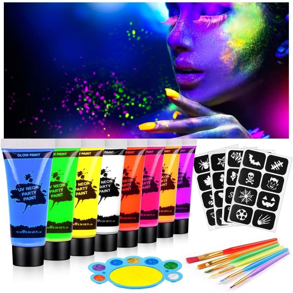 AOOWU 8-Color UV Reactive Face and Body Neon Paint Set with Palette and Brushes, Safe and Easy-to-Clean Glow-in-the-Dark Makeup Kit for Parties, Festivals and Halloween Events