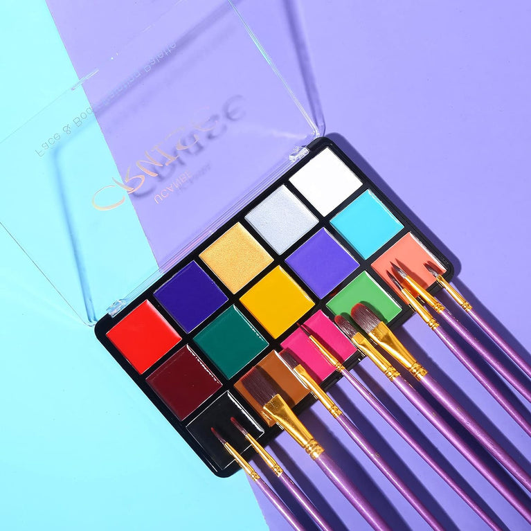 UCANBE Vibrant 15-Color Professional Body and Face Painting Kit with High-Precision 10-Piece Brush Set (Classic Edition)