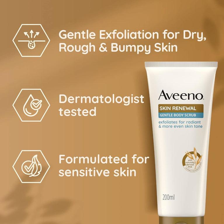 Aveeno Skin Renewal Gentle Body Scrub, Exfoliates & Renews Dry, Bumpy Skin, with Prebiotic Oat, Naturally Derived PHA & Niacinamide, 200ml