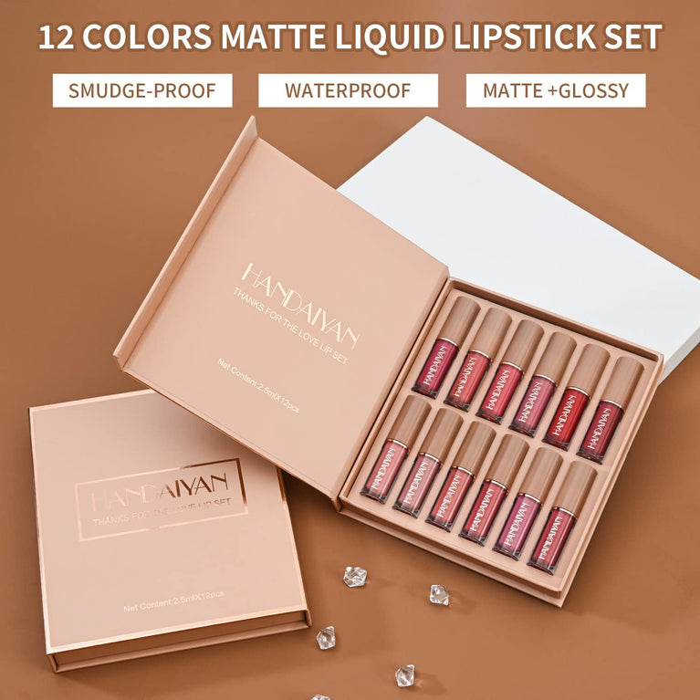 Deluxe 12-Shade Waterproof Liquid Lipstick Set - Velvet Matte Finish, Long-Lasting, Non-Stick, Fade-Resistant Lip Gloss and Red Lipstick Collection for Women (Set B)