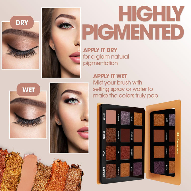 Lamora 12-Shade Bronze Eyeshadow Palette - Versatile, Highly Pigmented Shimmer and Matte Shades - Compact Travel-Friendly Design with Mirror - Vegan & Cruelty Free Makeup